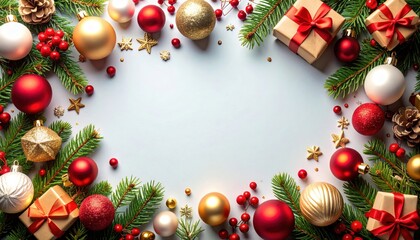 Festive christmas decoration arrangement holiday scene image composition cheerful atmosphere aerial view celebration concept