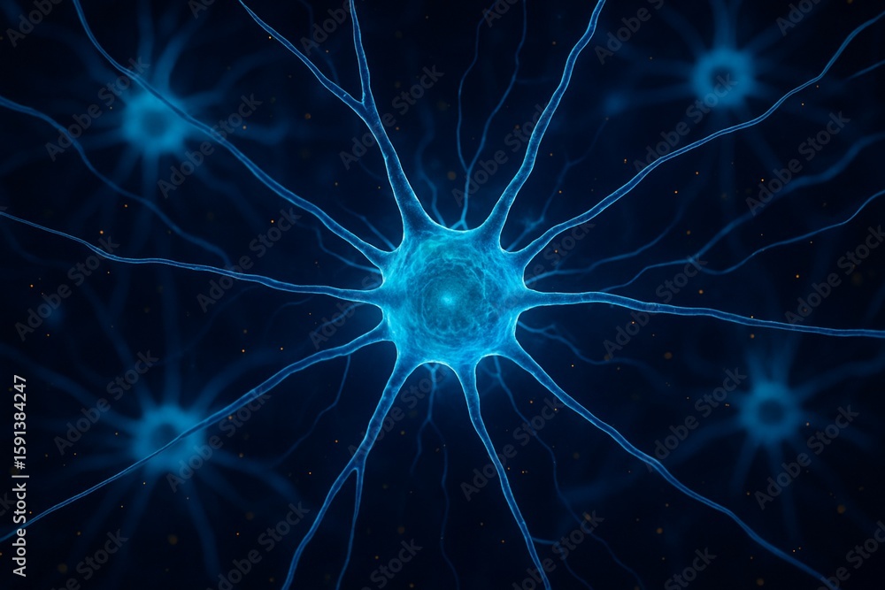 Poster abstract blue neural network with intricate neuron connections on a scientific background, digital i