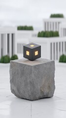 A dark cube with glowing orange squares sits atop a rough grey stone cube