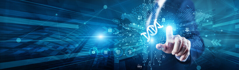 Biotech Researcher touch with global on structure Biotechnology innovation, advancing genetics, medicine, bioengineering, healthcare, agriculture, DNA, and productivity.