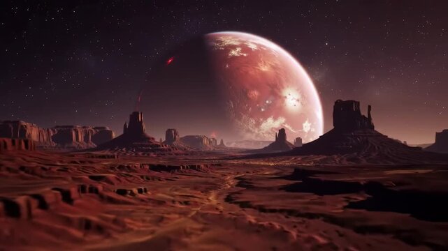 Alien desert landscape under a starry night