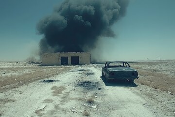 Destroyed building, car, desert, smoke