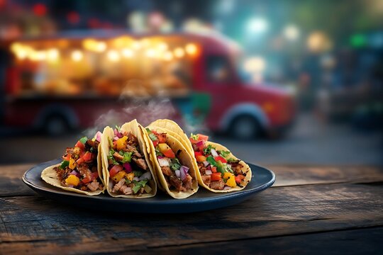 A plate of sizzling street-style tacos filled with grilled meat and colorful toppings, served on a rustic wooden table with a blurred food truck in the background, evoking a lively urban street food s - Powered by Adobe