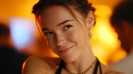 Fototapeta premium Portrait of a young woman with a gentle smile warm lighting smiling soft focus