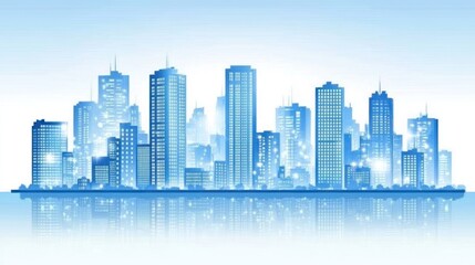 Elegant blue city skyline vector illustration with water reflection