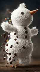 Fluffy snowman figure, playful pose, surrounded by assorted candies and chocolates in mid-air.  Snowy white fur, dark brown chocolate pieces, colorful candies, and festive details