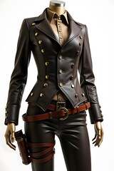Fototapeta premium Elegant Steampunk Women's Pantsuit on Mannequin – Close-Up on White Background