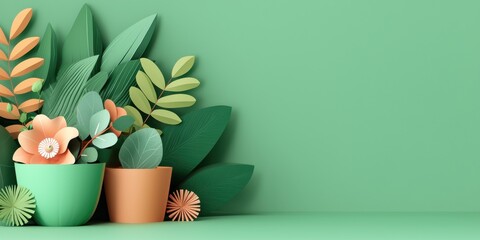 Stylish potted plants against a soft green background.