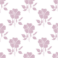 Seamless pattern with pink hibiscus flowers on white background. Monochrome botanical print, wallpaper.