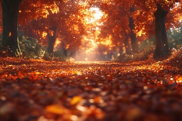 Autumnal pathway bathed in sunlight