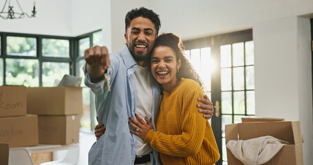 Hug, keys and moving with couple in new home for property, support and mortgage success. Real...