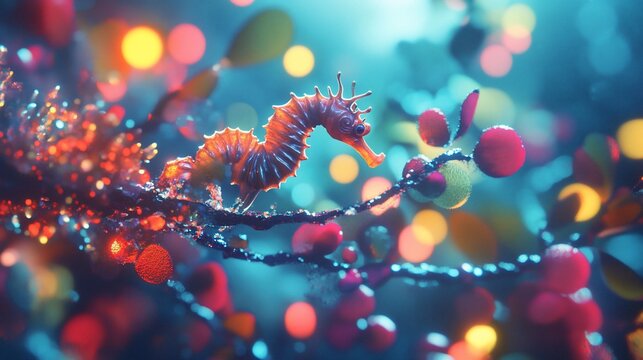 Festive seahorse on glowing coral, underwater fantasy scene - Powered by Adobe