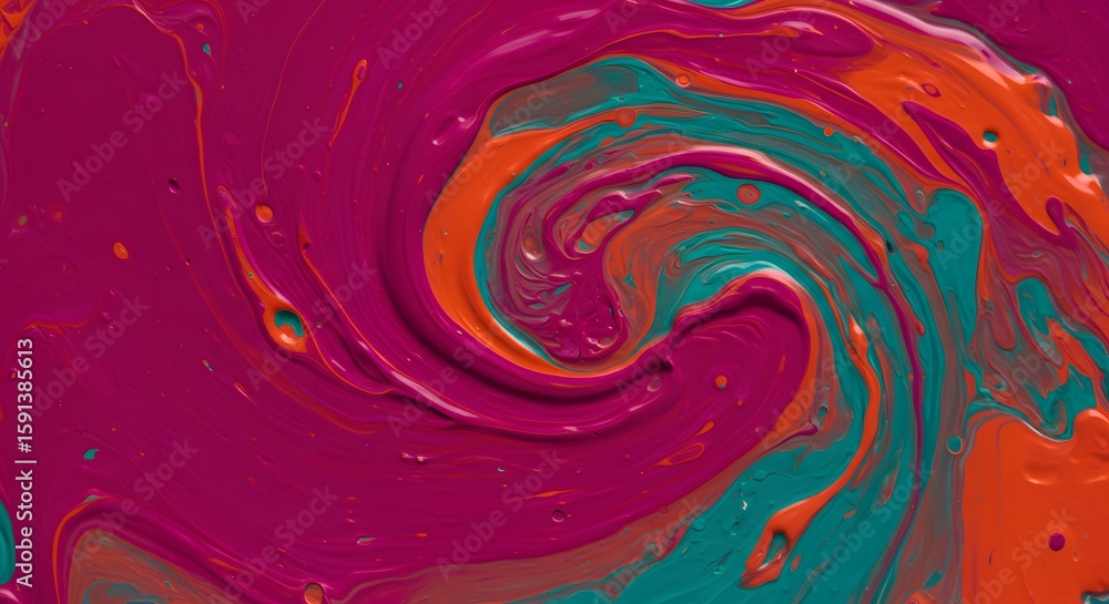 Poster abstract swirl of colorful paint in shades of magenta, orange, and teal, creating a dynamic and flui