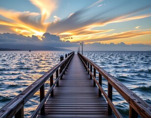 Fototapeta premium Serene Wooden Pier Dawn Dusk