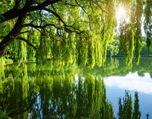 Sunlit weeping willows over a tranquil lake