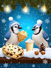 Two blue jays enjoy winter treats under festive lights.