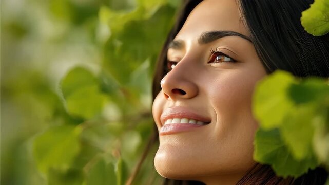Young woman face smile surrounded by green leaves in nature outdoors