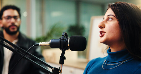 Podcast, studio and woman with mic talking for radio show, interview and broadcast subscription....