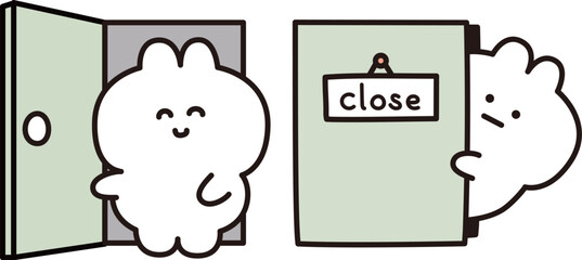 ドアーから出るウサギと覗くウサギ