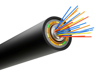 Close up of a fiber optic cable with colorful strands on a transparent background