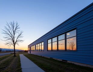 Fototapeta premium Serene Building Twilight with Peaceful Landscape