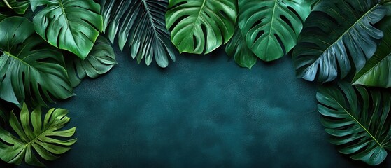 Tropical leaf arrangement on teal background
