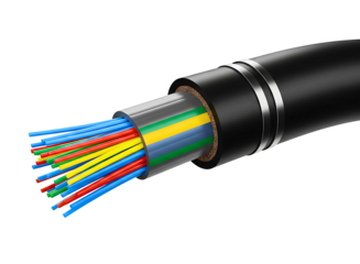 Close up of a fiber optic cable with colorful strands on a transparent background