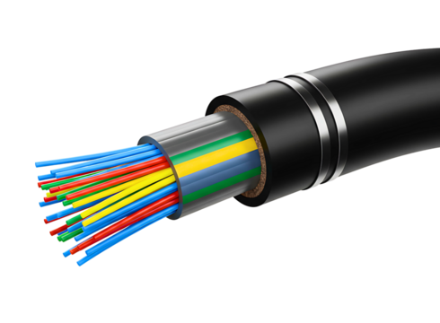 Close up of a fiber optic cable with colorful strands on a transparent background