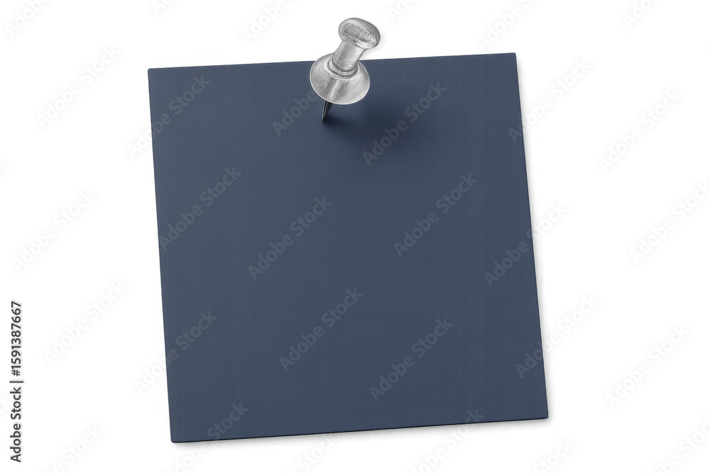 Poster metallic push pin securing a blank blue sticky note on a transparent background, perfect for reminde