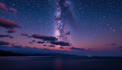 Naklejka premium Serene Night Sky with Stars and Colorful Clouds