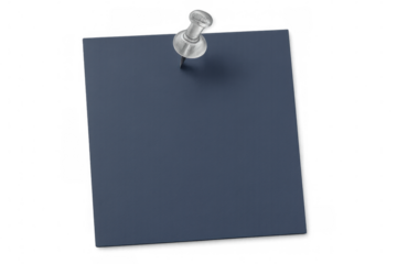 Metallic push pin securing a blank blue sticky note on a transparent background, perfect for reminders and important messages