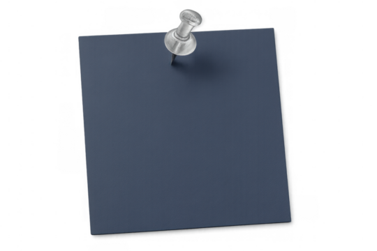 Metallic push pin securing a blank blue sticky note on a transparent background, perfect for reminders and important messages