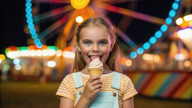 A joyful girl enjoys ice cream at a vibrant carnival, illuminated by colorful lights, capturing a moment of fun and delight.