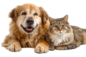 A golden retriever dog and a tabby cat lying next to each other on a Transparent Background looking forward