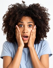 Amazed Young Woman with Curly Hair Surprise Expression.