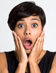 Surprised Young Woman with Open Mouth and Hands on Face.