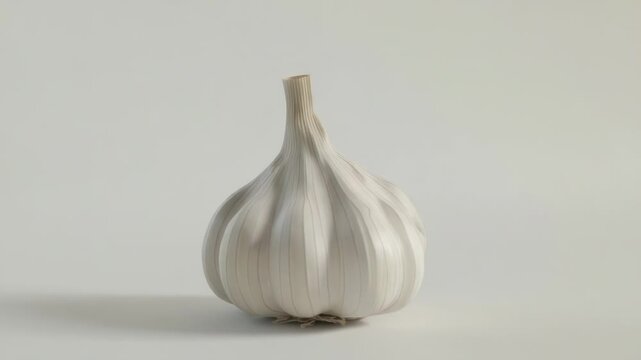 A close-up shot of a garlic bulb on a white surface