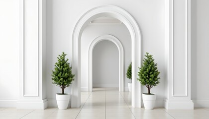 Modern Minimalist Interior with Archway and Evergreens