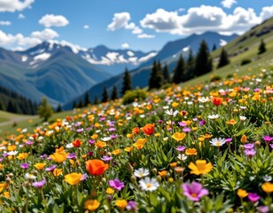 Fototapeta premium Vibrant Alpine Meadow with Snowcapped Mountains