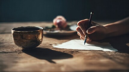 Obraz premium A hand holding a fountain pen, writing on aged paper.