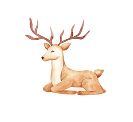 Obraz premium Watercolor deer clip art hand painted with watercolor. Simple elegant design element for card, banner, invitation. Wild forest animal