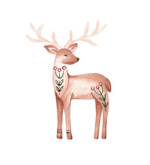 Folk ornate deer illustration. Watercolor hand painted forest deer for card, logo, invitation. Simple Nordic design