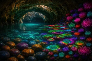 Neon Anemones and Colorful Coral in Hidden Underwater Cave with Bright Tidepools

