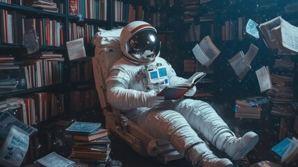 Astronaut Reading Amidst Floating Books in a Cosmic Library