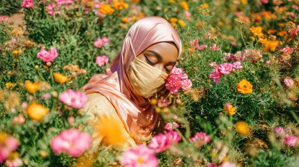 Naklejka premium A woman in a rose-gold headscarf and face mask in a field of flowers.