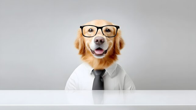 golden retriever wearing glasses and tie, sitting at desk