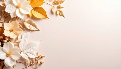 Floral arrangement display aesthetic home decor beautiful white and gold flowers soft background elegant viewpoint nature-inspired concept for creative spaces