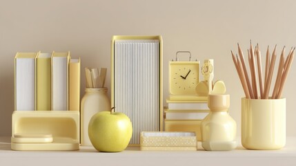 Pale yellow stationery, books, apple, and clock arranged on a shelf