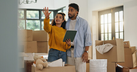Tablet, planning and moving with couple in new home for property, support and interior design. Real...