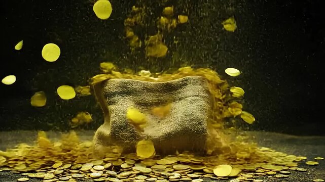 Gold coins pouring from a burlap sack